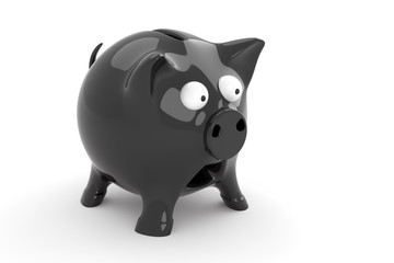 one very surprised black piggy bank with outstretched eyes on white backdrop