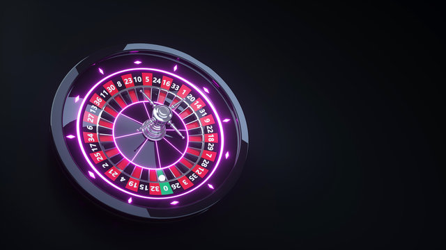 Roulette Wheel Concept Design. Online Casino Gambling Roulette With Neon Purple Lights - 3D Illustration