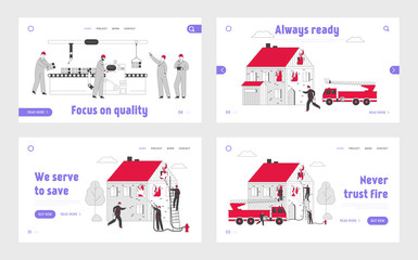 Naklejka premium Firefighter Extreme Profession and Smart Factory Website Landing Page Set. Innovation Manufacturing Conveyor, Firemen Extinguish with Fire Web Page Banner. Cartoon Flat Vector Illustration, Line Art