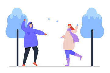 Woman and Man Playing Snowballs on Street. Winter Season Outdoors Leisure and Activities. Happy Family, Friends Young People Having Fun Christmas and New Year Holidays Cartoon Flat Vector Illustration