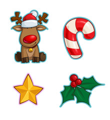 Christmas Cartoon Icon Set - Red-Nose Reindeer Candy Cane Star Holly