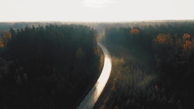 Autumn forest road, aerial view. Lush woods in fall season, highway going through nature reserve. 