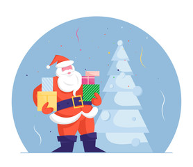 Fat Santa Claus with Gift Boxes in Arms Standing at Decorated Xmas Tree and Confetti Background. Traditional Seasonal Greeting Card for Merry Christmas Celebration. Cartoon Flat Vector Illustration
