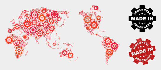 Mosaic technical Worldwide map and textured stamp. Vector geographic abstraction in red colors. Mosaic of Worldwide map combined of scattered gearwheel elements. Red colored model for technical,
