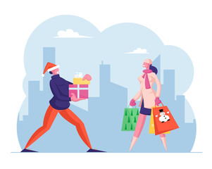 Winter Holidays Shopping. Happy People Carry Gift Box and Paper Bags with Presents. Male and Female Characters Hurry for Christmas Celebration with Family and Friends. Cartoon Flat Vector Illustration