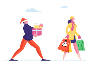 Happy Man in Santa Hat Carry Gift Boxes Wrapped with Bow, Woman with Festive Paper Bags. People Prepare Presents for Family and Friends on Winter Holidays Celebration. Cartoon Flat Vector Illustration