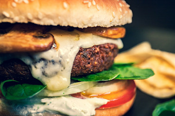 Delicious vegan falafel burger, cheese made from cassava and mushrooms. Healthy veggie vegetarian...