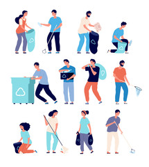 Fototapeta na wymiar People collect garbage. Men and women cleaning environment nature, persons sorting recyling waste. Environmentalism vector characters. Illustration collect and cleaning garbage container for rubbish