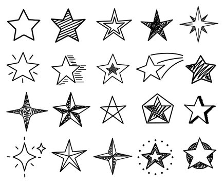 Sketch stars. Cute star shapes, black starburst doodle signs for christmas decoration isolated vector set. Star black drawn ink, illustration burst asterisk freehand
