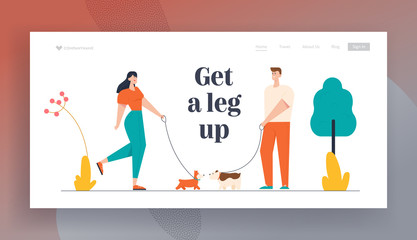 Characters Walking with Dogs in Public City Park Website Landing Page. People Spending Time with Pets Outdoors on Summer Time. Relaxing with Animals Web Page Banner. Cartoon Flat Vector Illustration