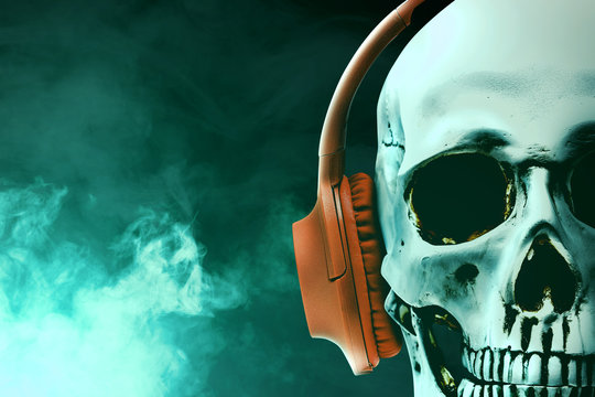 Human skull with headphone