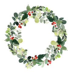 Watercolor christmas wreath with floral elements.