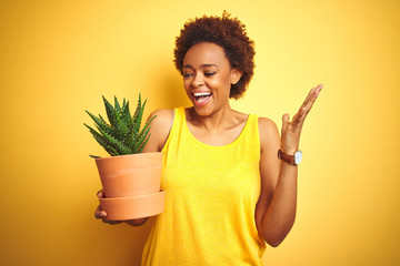 Young african american woman holding cactus pot over isolated yellow background very happy and...