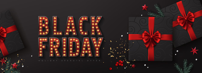 Retro light bulbs sign Black friday sale banner layout design template. Advertising Poster design.Vector illustration.Realistic black gift and red stars.Vector illustration