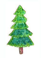 Watercolor crooked sketch of a Christmas tree on a white background in a children's funny style