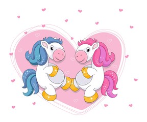 Two cute cartoon unicorns on a background of heart