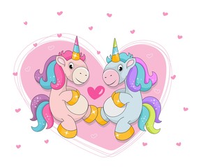 Two cute cartoon unicorns on a background of heart