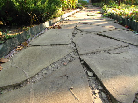 Garden Path Paved With Flagstone Closeup.