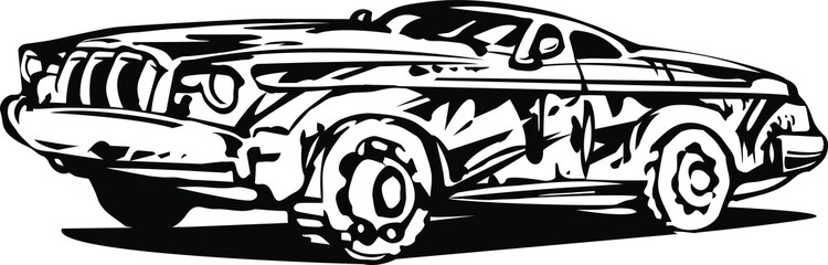 old dirty rusty powerful sports car vector illustration in black ink isolated on white background in cartoon style