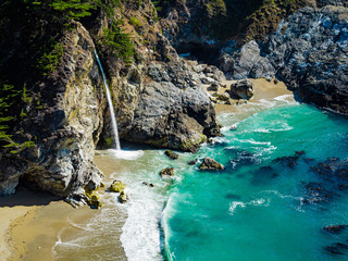 Aerial view of Water Fall McWay Falls Julia Pfeiffer Burns Park Big Sur California. McWay Falls a...