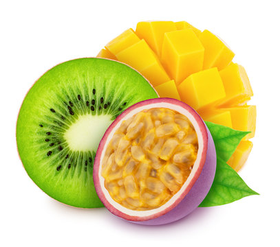 Multi-colored exotic composition with fruit mix of passion fruit, kiwi and mango, isolated on a white background with clipping path.