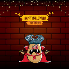 vector funny cartoon cute dracula potato with fangs and red cape isolated on brick wall background. My name is dracula potato vector concept halloween background. vampire monster funky character