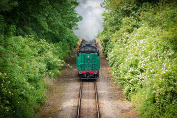 Naklejka premium Fast approaching vintage steam locomotive with its coal tender seen head first. Large amount of steam can be seen flowing from the loco as it approaches a bridge.