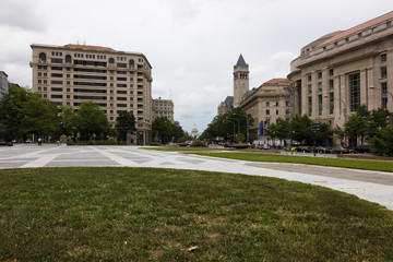 Iconic urbanscape looking south-eastwards along the iconic diagonal orientation of Pennsylvania Avenue NW, looking towards the United States Capitol, Penn Quarter, Washington DC 