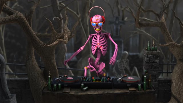 Seamless animation of a skeleton dijing with turntables in a cemetery at night. Funny halloween background.