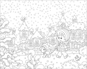 Little boy strolling with his cheerful pup through a snow-covered park of a small town on a snowy winter day, black and white vector illustration in a cartoon style for a coloring book