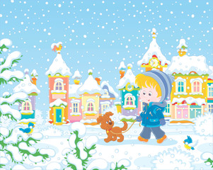 Little boy strolling with his cheerful pup through a snow-covered park of a small colorful town on a snowy winter day, vector illustration in a cartoon style