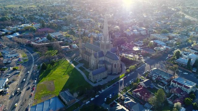 Church flyover with stunning sun flares