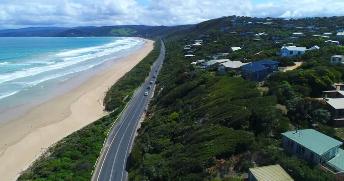 Drone over cars on the Great Ocean Road
