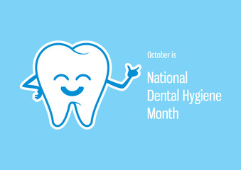 National Dental Hygiene Month vector. White tooth cartoon character. Healthy tooth vector icon. Happy tooth isolated a on blue background. Smiling tooth vector illustration. Important day