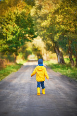 Happy child boy playing outside in autumn