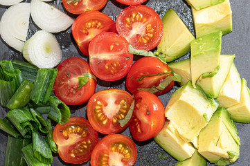 Avocado. Tomato. Meal. Spring. Food. Onion. Salad