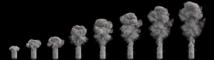 Smoke flow at different stages development isolated on a black. 3d illustration