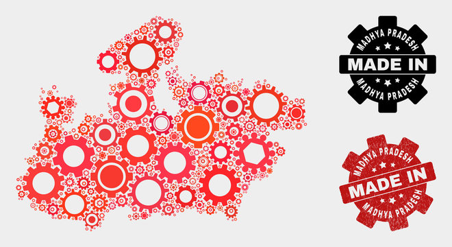 Mosaic industrial Madhya Pradesh State map and textured stamp. Vector geographic abstraction in red colors. Mosaic of Madhya Pradesh State map combined of random gear elements.