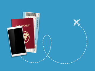 Buying an airline ticket online. Smartphone, air ticket and passport
