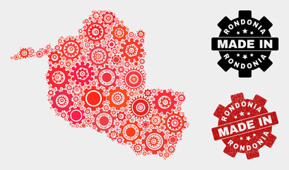 Mosaic industrial Rondonia State map and grunge stamp. Vector geographic abstraction in red colors. Mosaic of Rondonia State map designed from scattered cogwheel items.