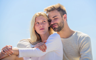 Obraz premium This is love. romantic relationship. couple in love. married in heaven. man and girl smiling. he make her happy. happy to be together. love date. understanding and support