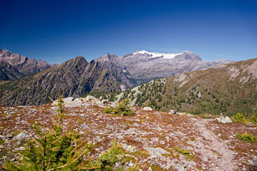 Panoramic view of the valley near the Simplon Pass in Switzerland. In the background, Monte Leone.