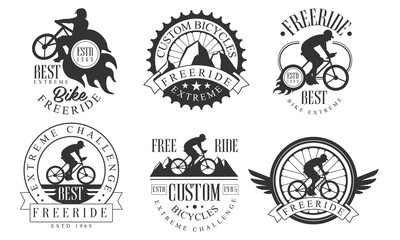 Obraz premium Extreme Freeride Retro Logo Templates Set, Bicycles Extreme Challenge Monochrome Badges Vector Illustration
