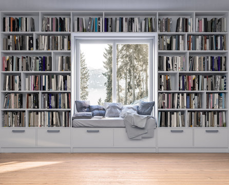 Reading place with wooden floor,bookshelves, white wall