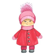 Hand drawn grumpy child in winter clothes