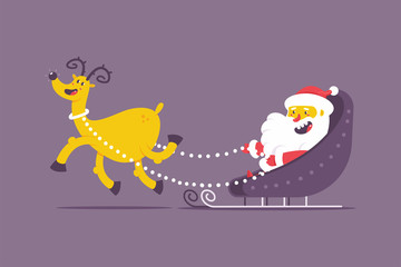 Funny Santa Claus on Christmas sleigh with reindeer vector cartoon character isolated on background.