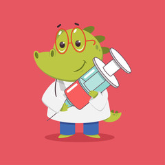 Children's doctor crocodile with syringe vector cartoon funny medical character isolated on background.