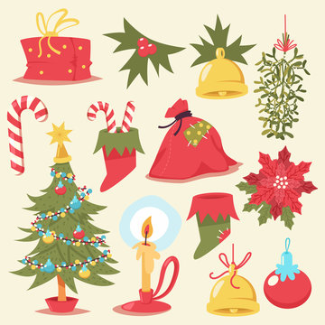 Christmas elements vector cartoon set isolated on white background.