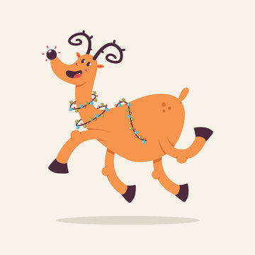 Funny Christmas reindeer tangled in a garland. Vector cartoon character isolated on background.