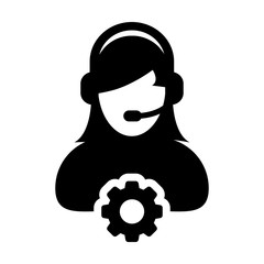 Help icon vector female business customer support service person profile avatar with headphone and gear cogwheel for online assistant in a glyph pictogram illustration